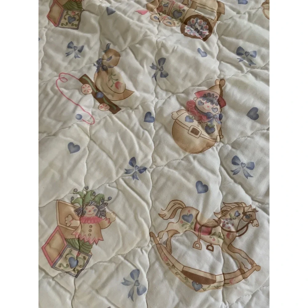 Vintage Teddy Bear Toy Box Quilted Baby Blanket and Ruffled Bed Skirt Set crib
